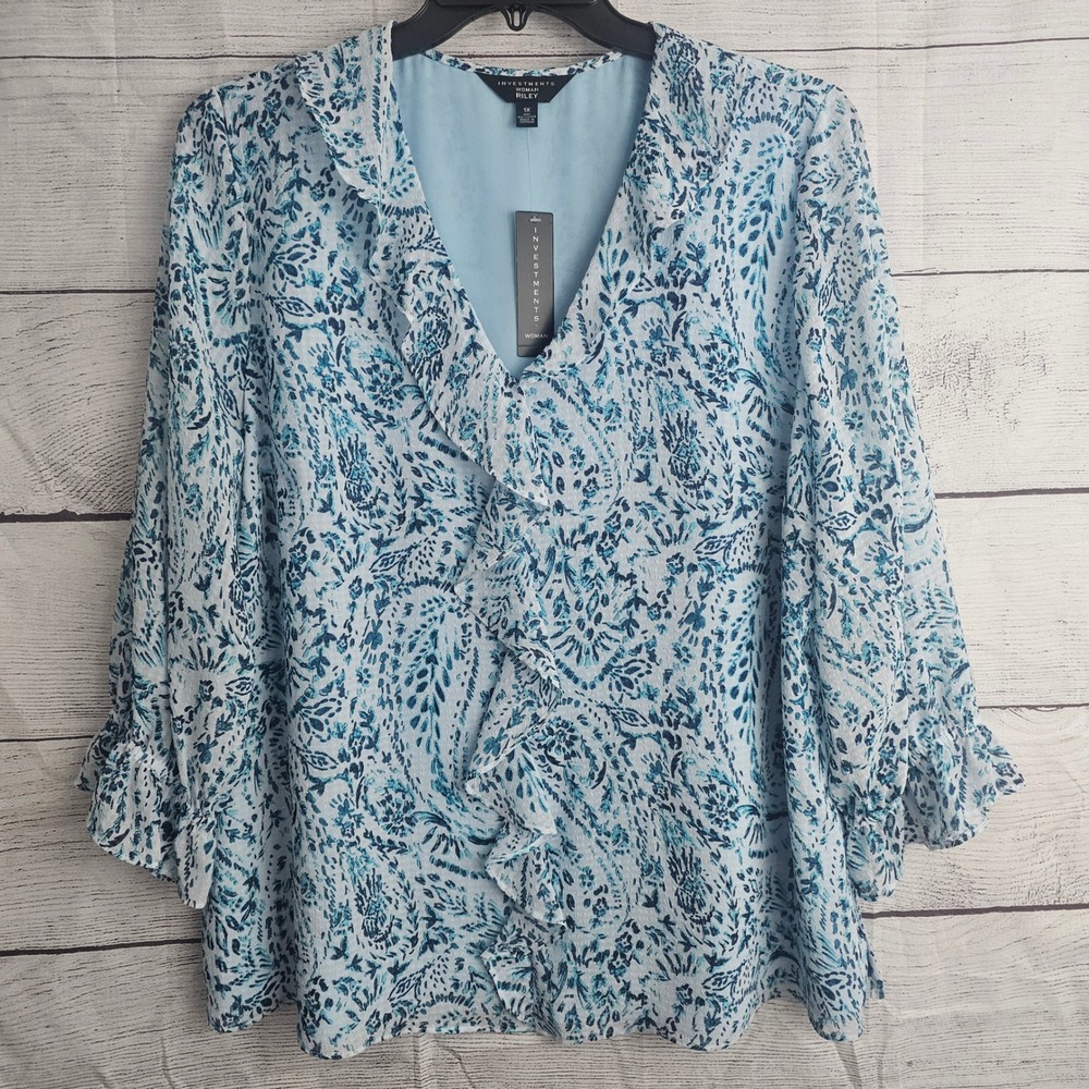 Investments Woman 1X Riley Blue Teal Textured Ruffle V-Neck Long Slv Shirt 1325
